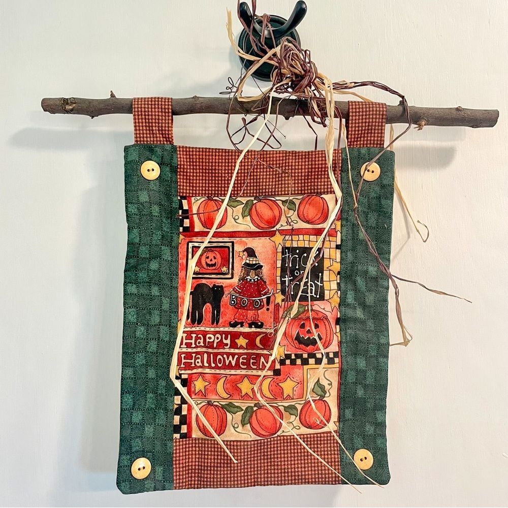 90s Primitive Halloween Quilt Wall Hanging | Nostalgic Folk Art Decor w/ Pumpkin